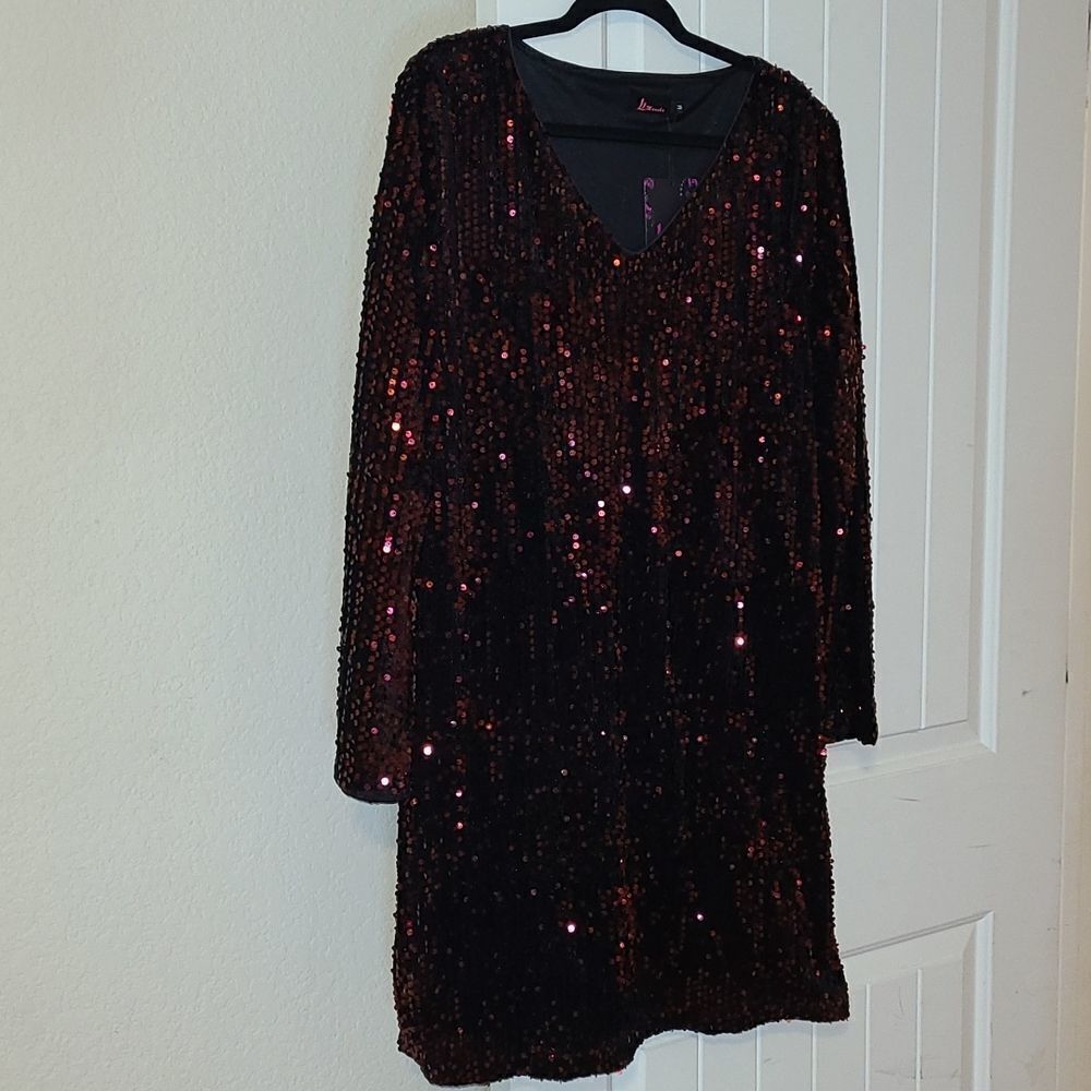 Mansha sequins dress in black with Burgundy sequins. 23.5" chest, 36.5 length. - Picture 8 of 9